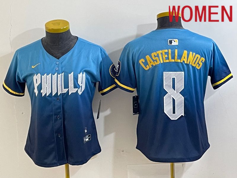 Women Philadelphia Phillies #8 Castellanos Blue City Edition Nike 2024 MLB Jersey style 1->women mlb jersey->Women Jersey